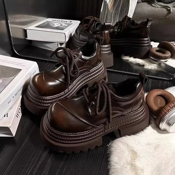 Women Retro Loafers 2025 Spring New Luxury Brand Increase Thick Sole Leather Oxford Shoes Lace Up Outdoor Work Platform Shoes