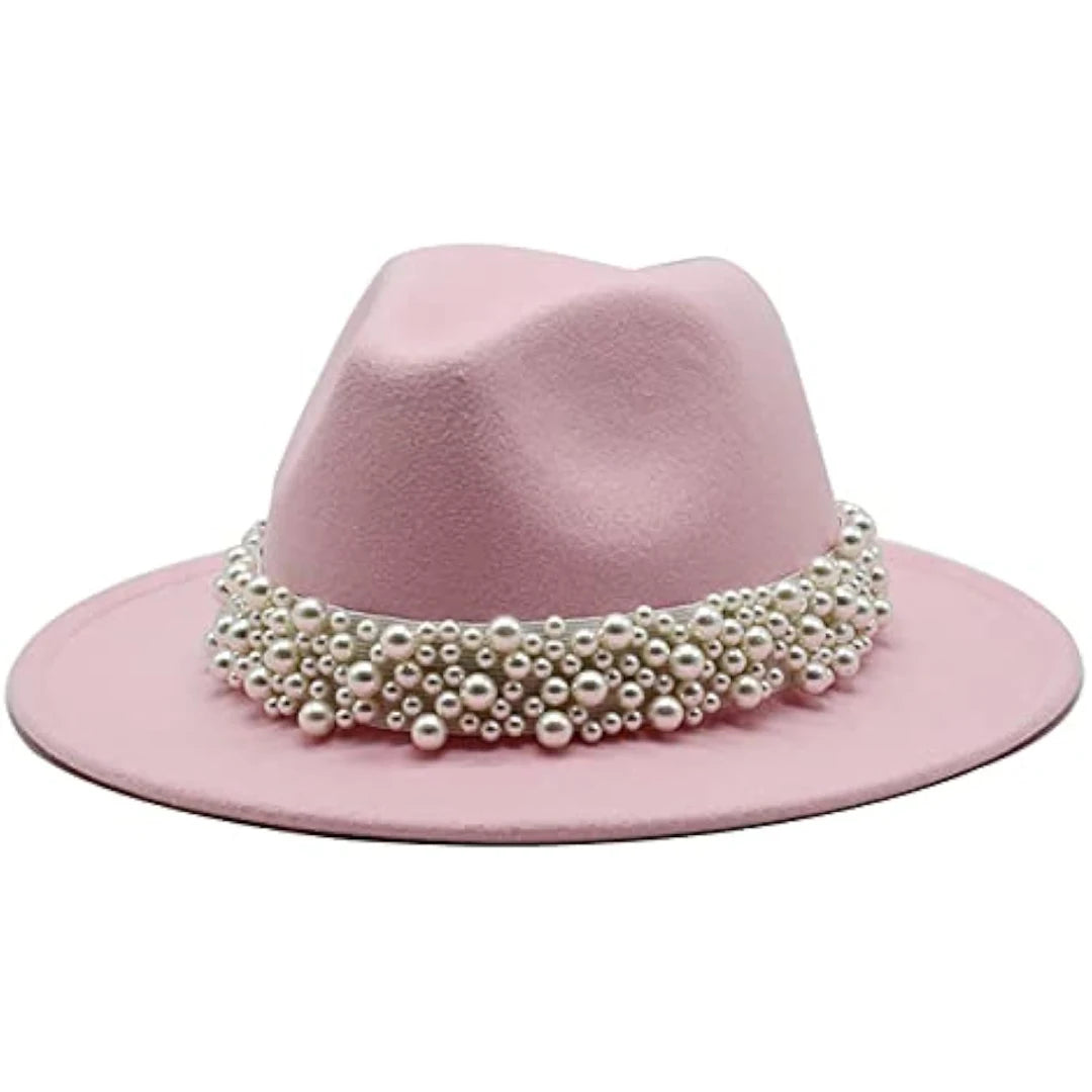 Fedora Hats for Women Wool Felt Panama Hat with Pearl Band Wide Brim Felt Hat Classic Trilby Jazz Hat Church Hats Women Elegant