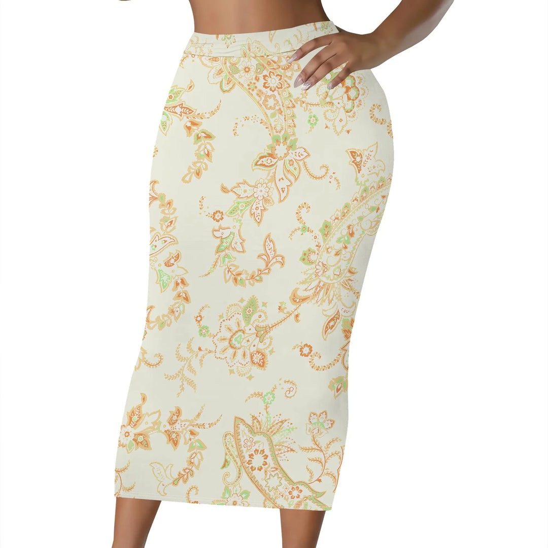 Floral Print Pencil Skirt, Red Berry Leaf Pattern Midi Skirt, High Waist Bodycon Skirt for Women Office Party Wear S-2XL