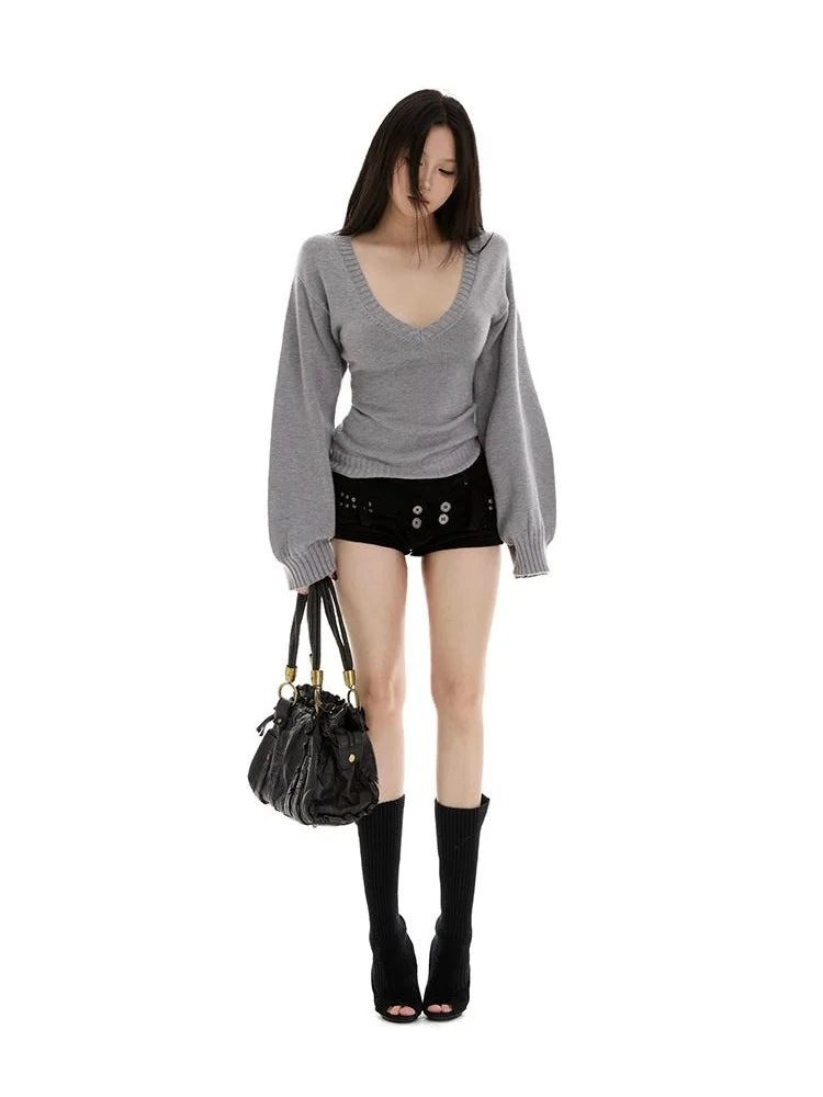 Streetwear Sweater Women Fashion Sexy V Neck Knitted Pullovers Y2K Lantern Long Sleeve Knitwears Spring Autumn Jumpers Top