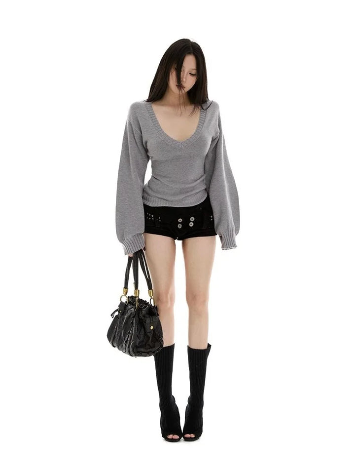 Streetwear Sweater Women Fashion Sexy V Neck Knitted Pullovers Y2K Lantern Long Sleeve Knitwears Spring Autumn Jumpers Top