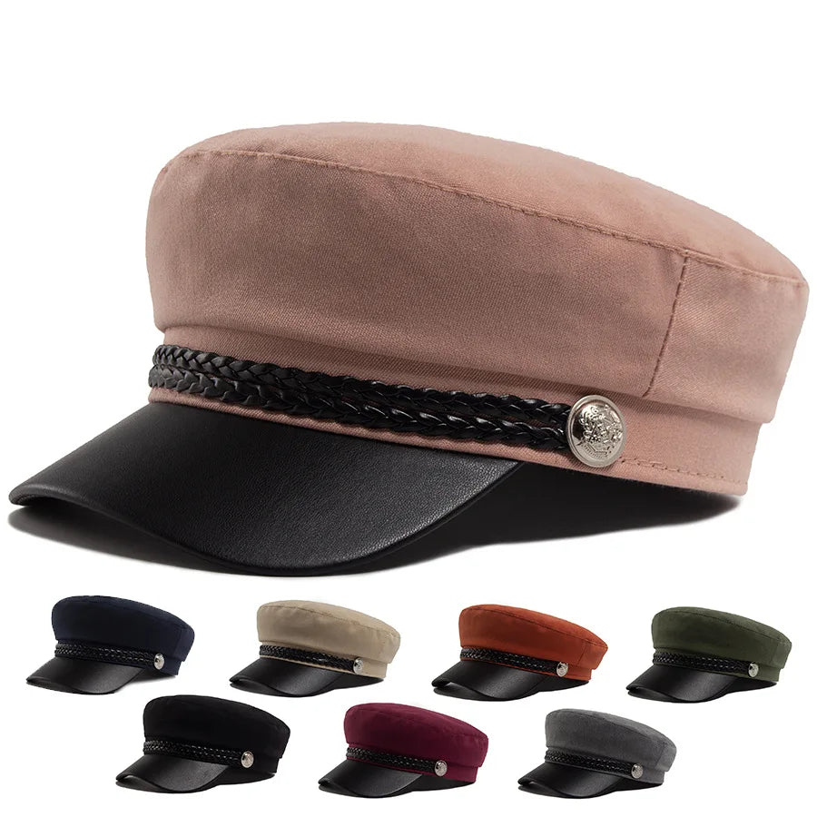 Flat Top Newsboy Cap Streetwear Women Vintage Sailor Cap Daily Wear British Style Cadet Cap PU Leather Brim Peaked Beret Travel