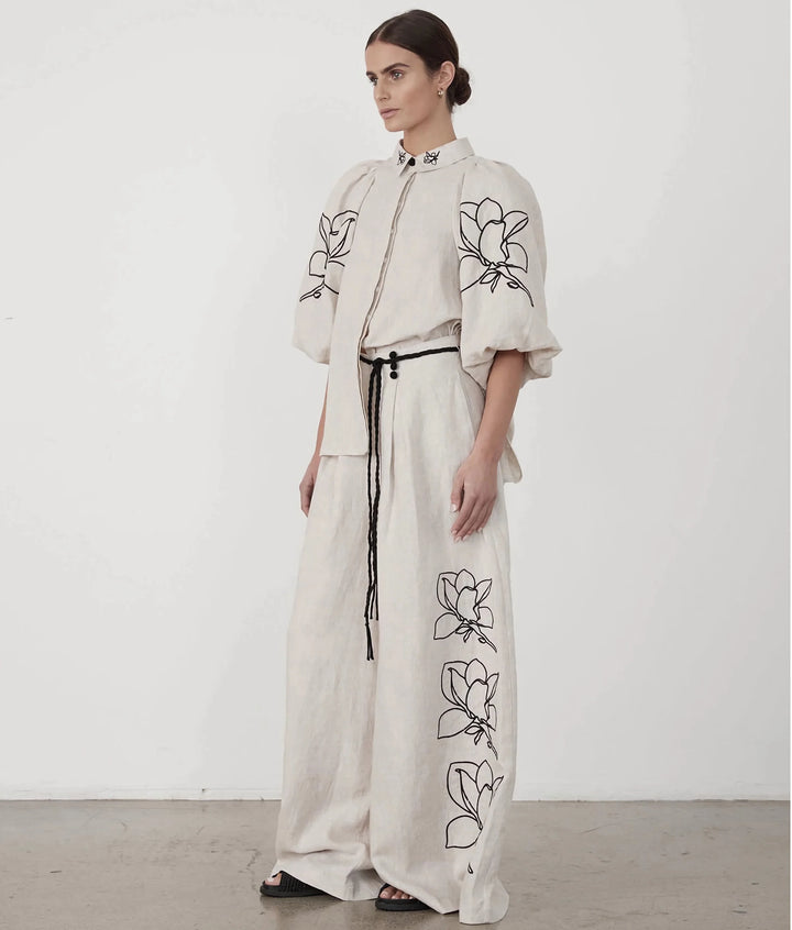 Cotton Linen Women Elegant Two Piece Set Loose Half Sleeve Embroidered Shirt &amp; Wide Leg Pants Set Casual Outfits Streetwear