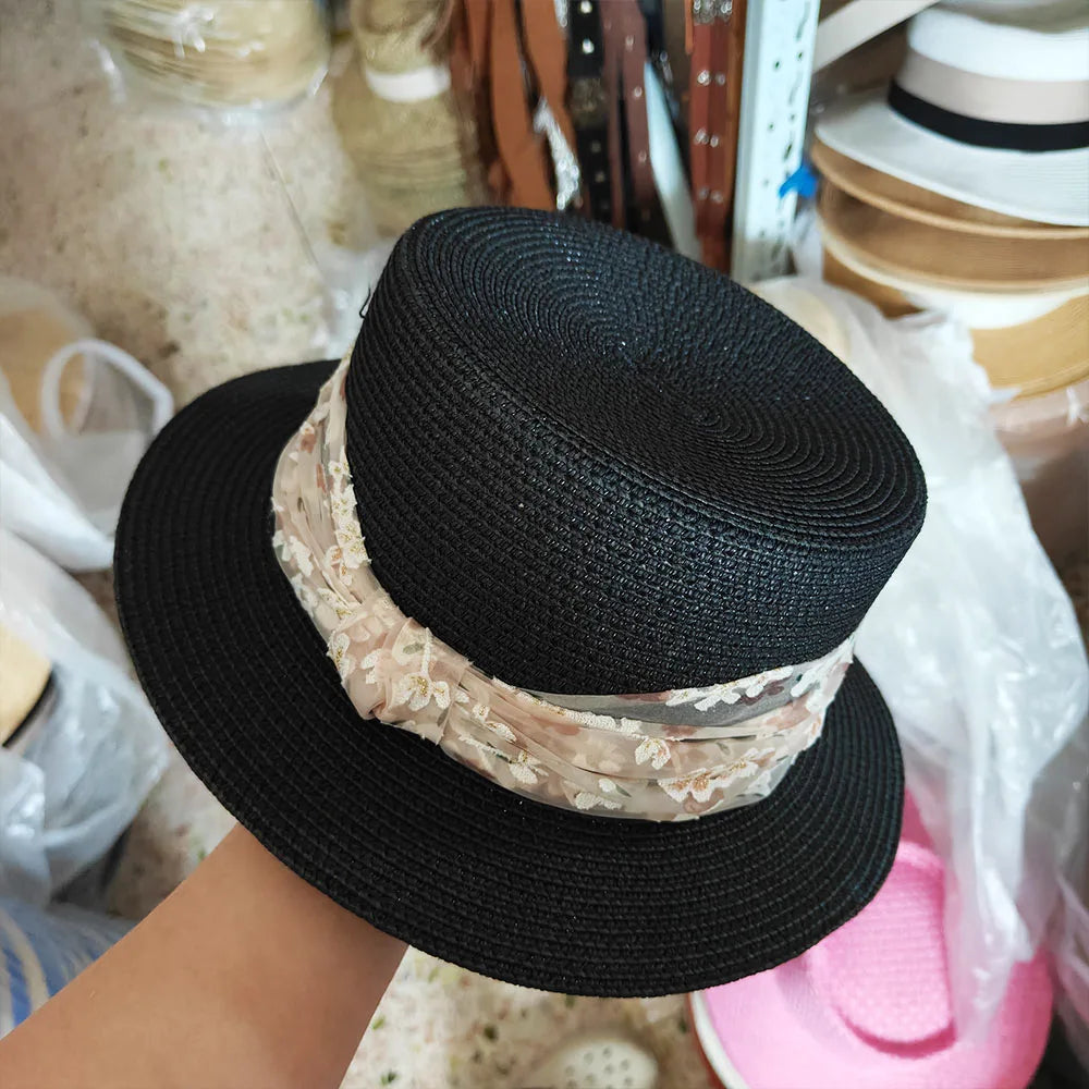 1pcs Luxury Elegant Women Summer Straw Hat Flat Top Boater Cap Folds Hand Weave Wide Brim Sun Hat Panama Fedora Шляпа