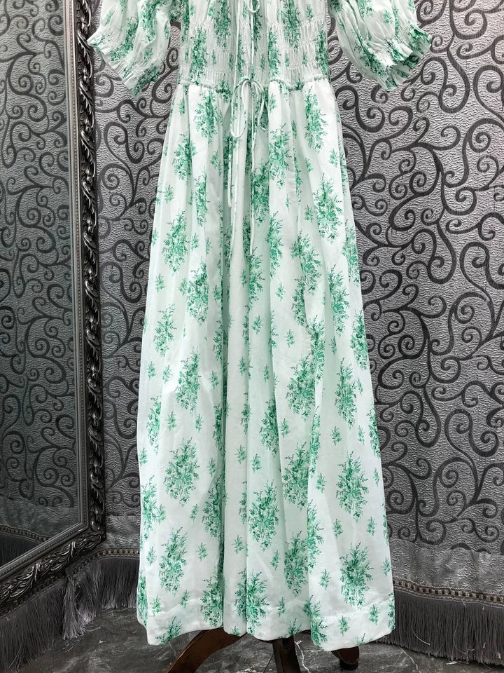 100%Cotton Long Dress 2026 Summer Bohemian Beach Lady Green Leaves Prints Elastic Waist Short Sleeve White Long Maxi Dress