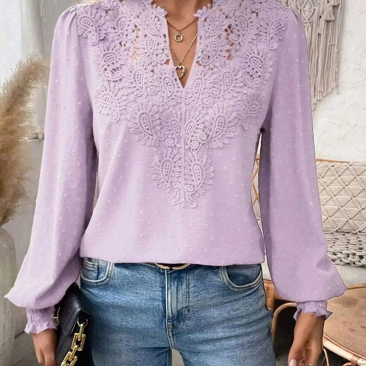 2026 New V-Neck Lace Splicing Long Sleeve Casual Shirt Women&