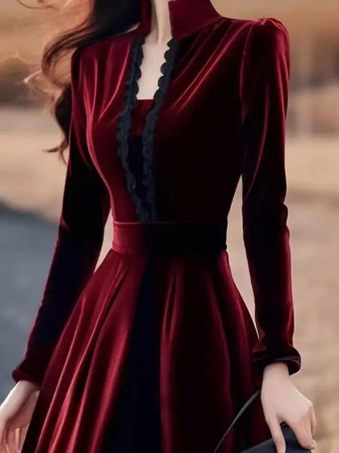 High Quality Red Velvet Dresses Women French Style Vintage Evening Party Vestidos Mujer Autumn Winter Elegant A-line Long Dress
