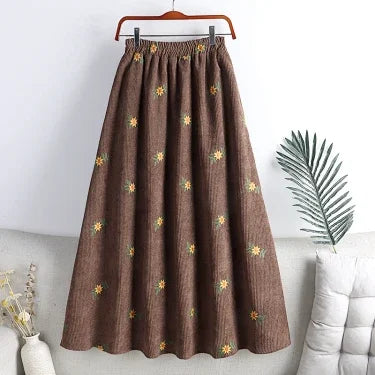 Women Corduroy Embroidered Midi Skirt High Waist Versatile Slim Fit A Line Umbrella Skirt For Autumn Winter