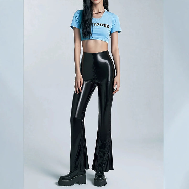 New PU Mirror Leather Pants European And American Womens  High Waist Black Casual Flared Trousers Slim Fit Long Pants