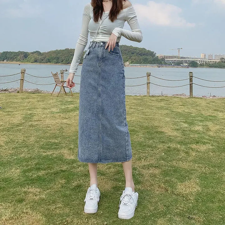 Female Jeans Skirts Midi Blue High Waist With Slit Women&