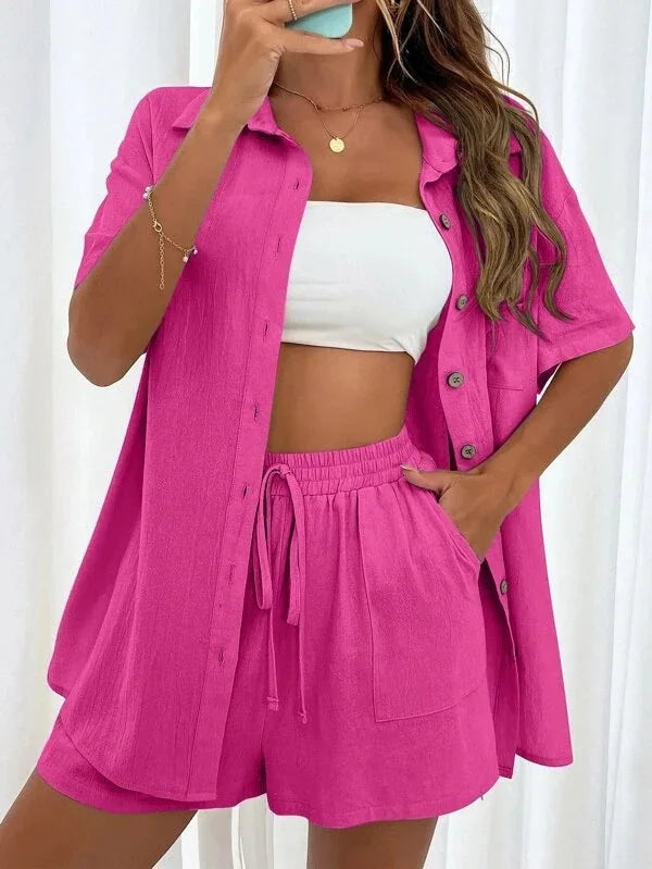 Fashion Women Shirt + Shorts Two Piece Set Solid Color Shirt Suit 2025 New Casual Loose Short Sleeve Single Breasted Women&