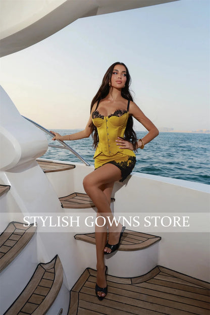 Short Women's Formal Evening Gowns Satin Mini Evening Dress for Women Spaghetti Strap Bodycon Lace Corset Gowns Customized
