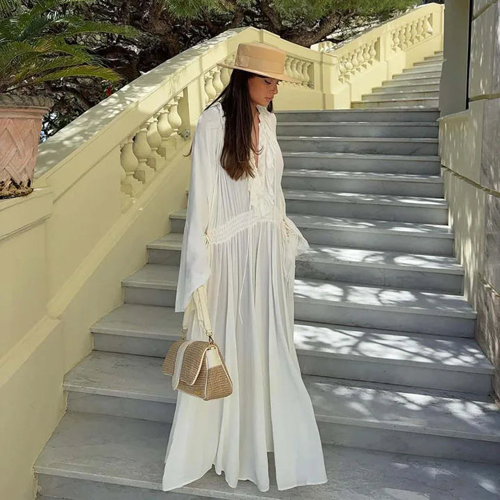Elegant White Ruffles Maxi Dresses Women Fashion Loose V-Neck Lace-Up Long Robes Female Casual Vacation Birthday Party Vestidos
