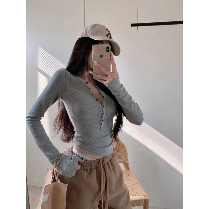 V-neck Long-sleeved T-shirt for Women with Button Design Slim Inner Tees Layering Top