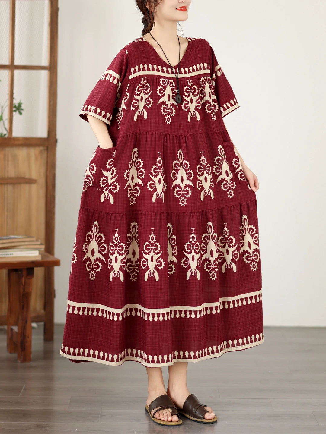 Loose Fit Floral Print Maxi Dress Ethnic Style Women&