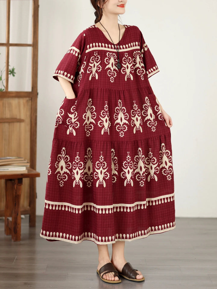 Loose Fit Floral Print Maxi Dress Ethnic Style Women&