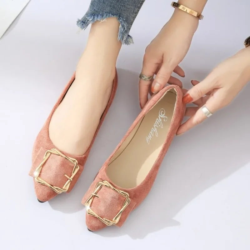 Women Ballet Flats Pointed Toe Slip on Shoes Metal Buckle Comfortable Casual Office Daily Walking Flat Shoes