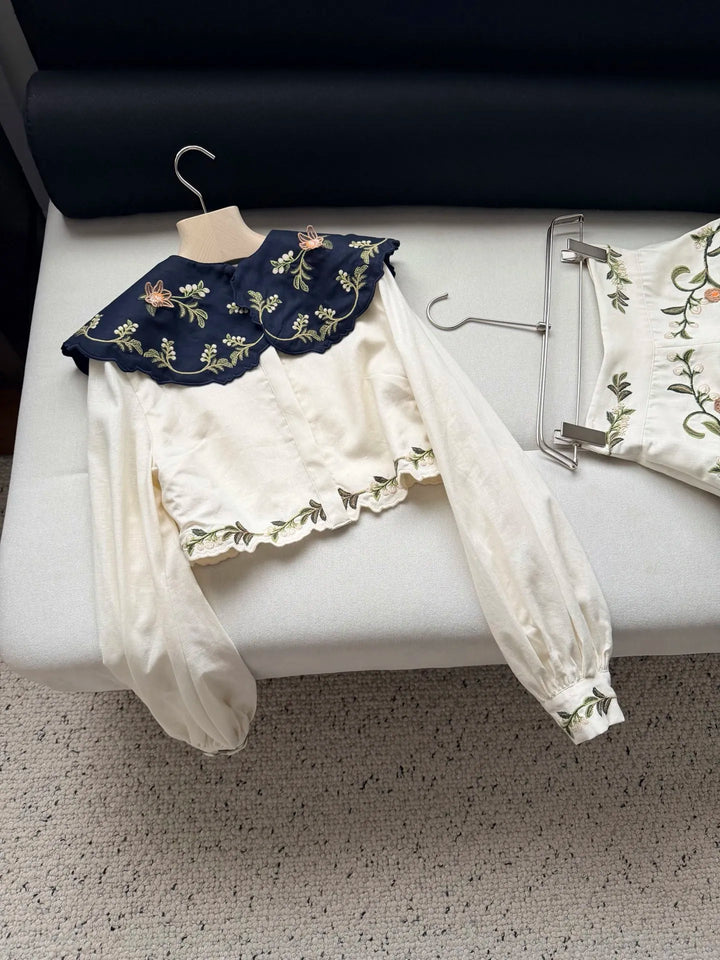 Women 100% Linen 2 Piece Set Heavy Embroidery Detachable Collar Lantern Sleeve Shirt tops &amp; High Waist Casual Shorts