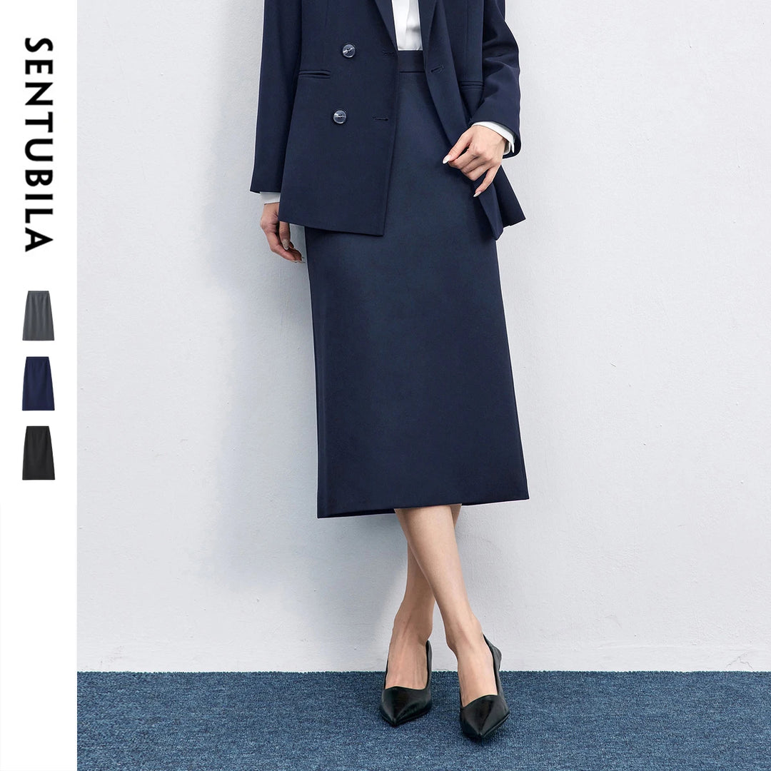 SENTUBILA Straight Skirt For Woman 2026 Autumn Solid Pleated Midi Skirt Back Slit Design Simple Women&