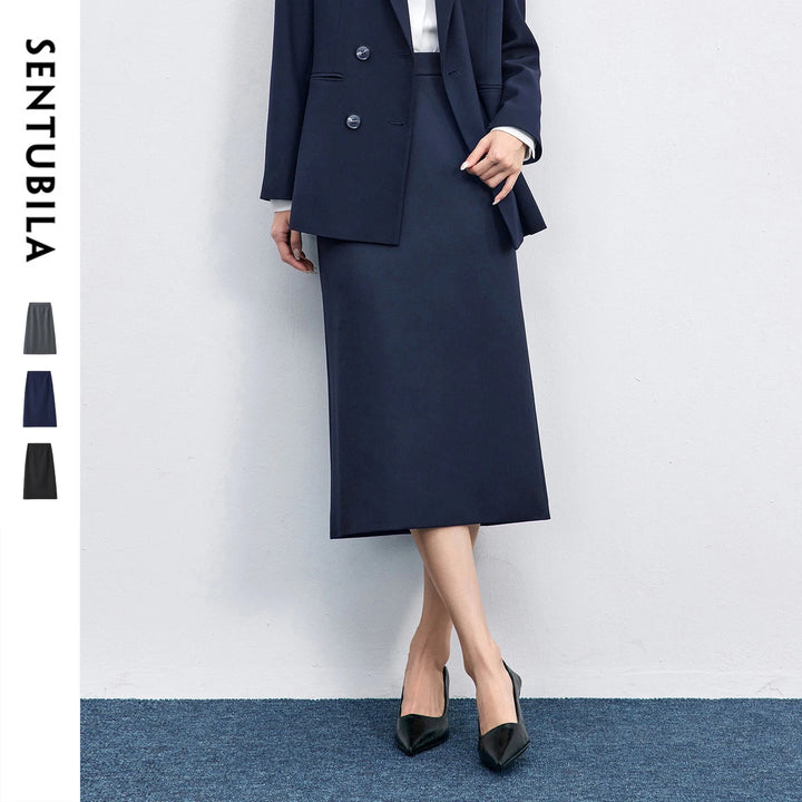 SENTUBILA Straight Skirt For Woman 2026 Autumn Solid Pleated Midi Skirt Back Slit Design Simple Women&
