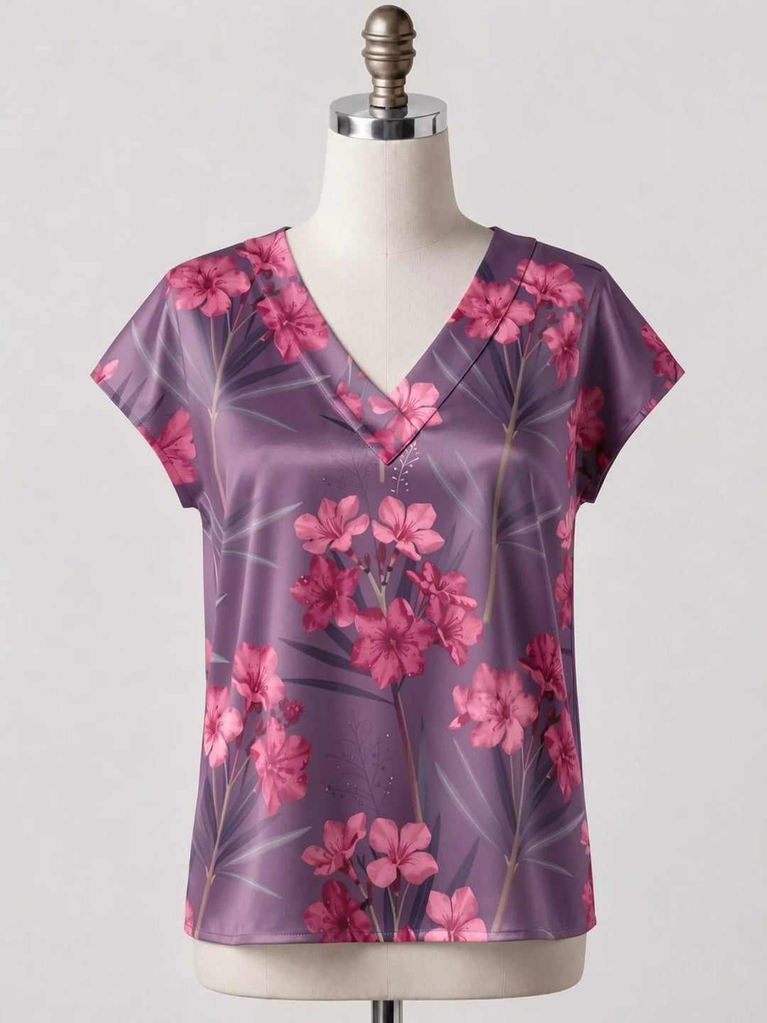 Floral Satin V Neck Top for Women Cap Sleeve Easy Draped Fit Silky Casual Summer Resort Wear Lightweight Breathable Weekend Glam