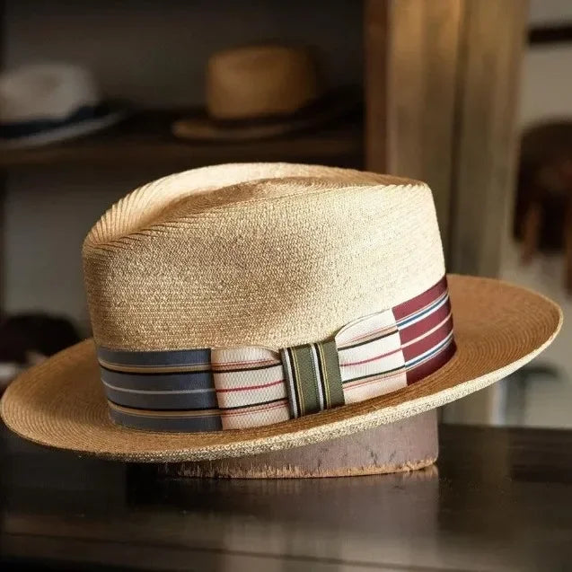 Straw Hat Breathable Braided UV Sun Protection Wide Brim Striped Ribbon Boater for Beach Summer Vacation Outdoor Men Women