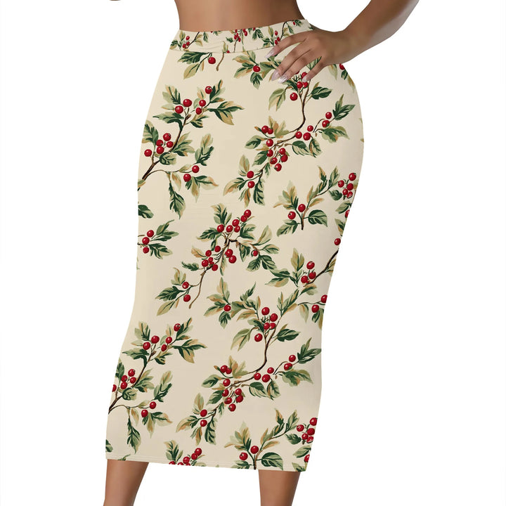 Floral Print Pencil Skirt, Red Berry Leaf Pattern Midi Skirt, High Waist Bodycon Skirt for Women Office Party Wear S-2XL