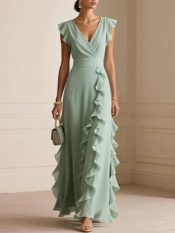 Women V Neck Ruffle Maxi Dress Sleeveless Chiffon Long Dress Wedding Guest Evening Party Formal Dress