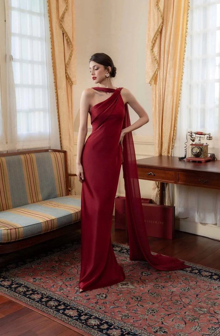 Satin One Shoulder Mermaid Maxi Dress Women Elegant Party Bodycon Slim White Evening Gown Formal Banquet Robe Female Clothing