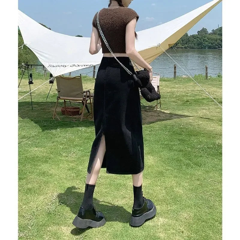 Female Jeans Skirts Midi Blue High Waist With Slit Women&