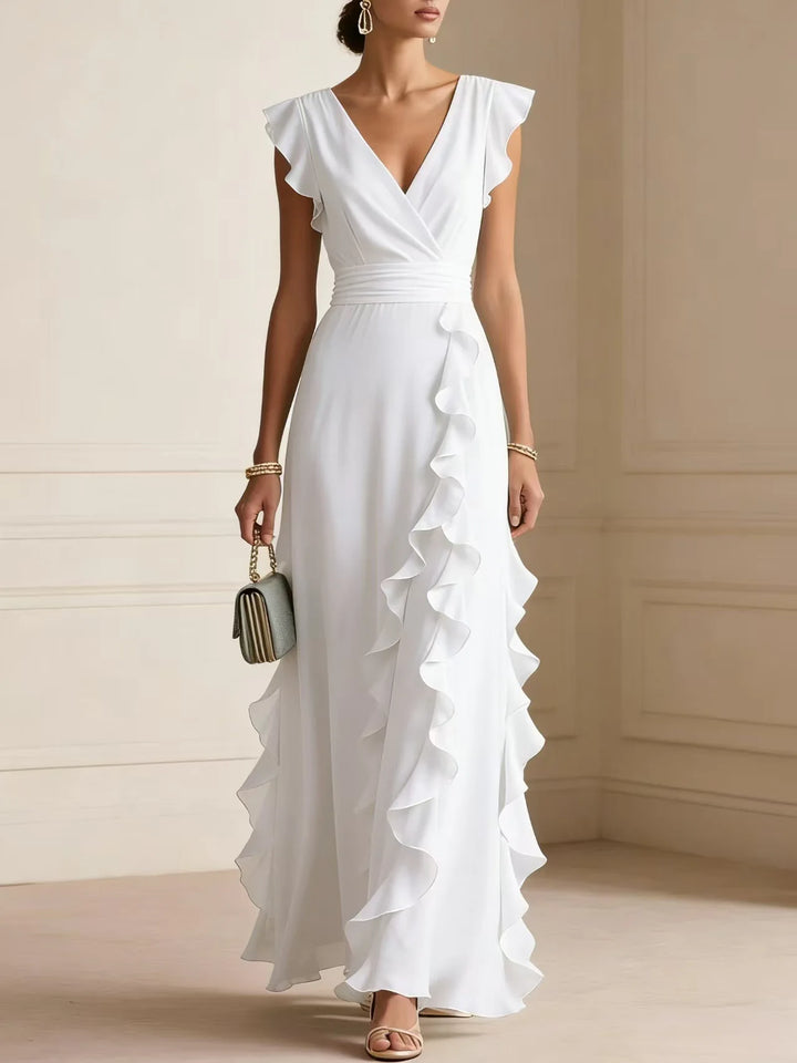 Women V Neck Ruffle Maxi Dress Sleeveless Chiffon Long Dress Wedding Guest Evening Party Formal Dress