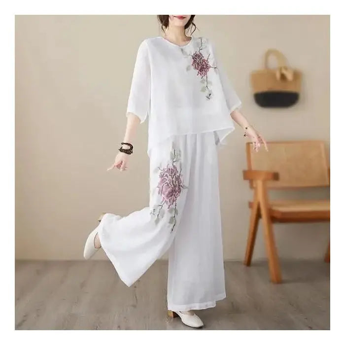 Linen Cotton Two Piece Set Women Embroidery Top Wide Leg Pants 2026 Summer Loose Fit Casual Mother Outfit for Daily Wear