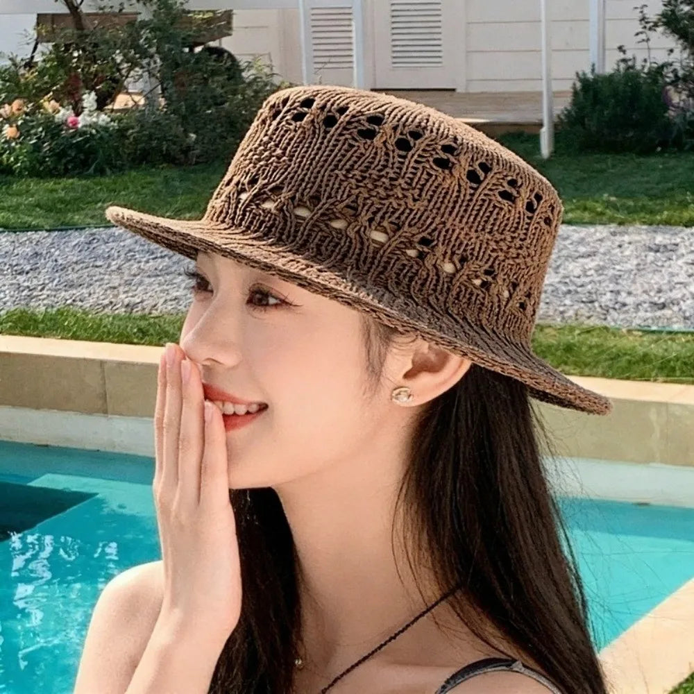Wide Brim Breathable Straw Hat Lightweight Casual Knitted Flat Top Hat Eco-friendly Versatile Style Hollow Out Hat Summer Beach