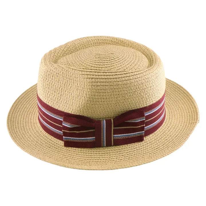 Straw Hat Breathable Braided UV Sun Protection Wide Brim Striped Ribbon Boater for Beach Summer Vacation Outdoor Men Women