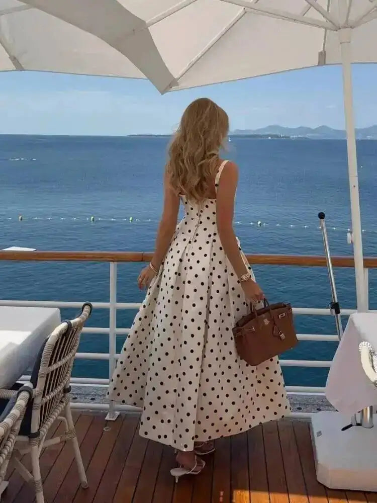 Polka Dot Maxi Dresses Women Elegant Square Neck Lotus Hem Long Gowns Chic Lady Sleeveless High Waist Cinched Summer Robes P3EP