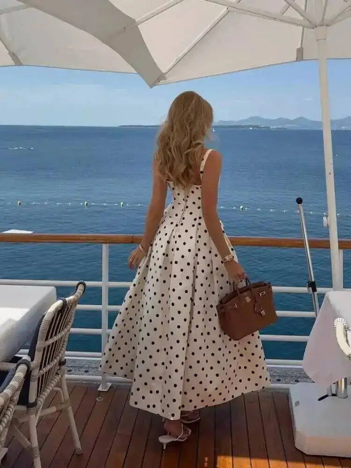 Polka Dot Maxi Dresses Women Elegant Square Neck Lotus Hem Long Gowns Chic Lady Sleeveless High Waist Cinched Summer Robes P3EP