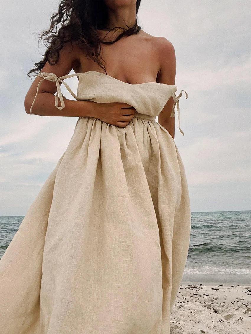 WXOY Cotton Backless Maxi Dress French Style Spaghetti Strap Solid Color Elegant Holiday Sleeveless Sundress Vacation Outfit