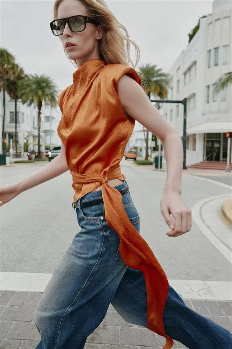Satin Shawl Collar Sleeveless Crop Top, Women&