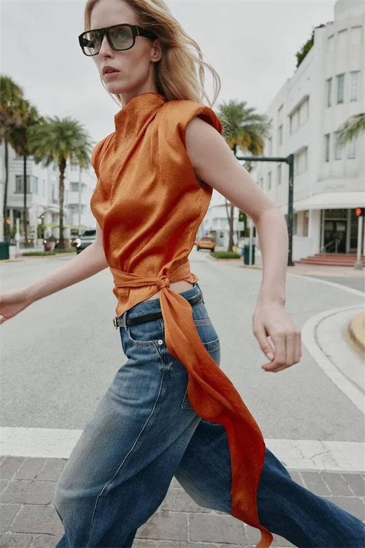 Satin Shawl Collar Sleeveless Crop Top, Women&