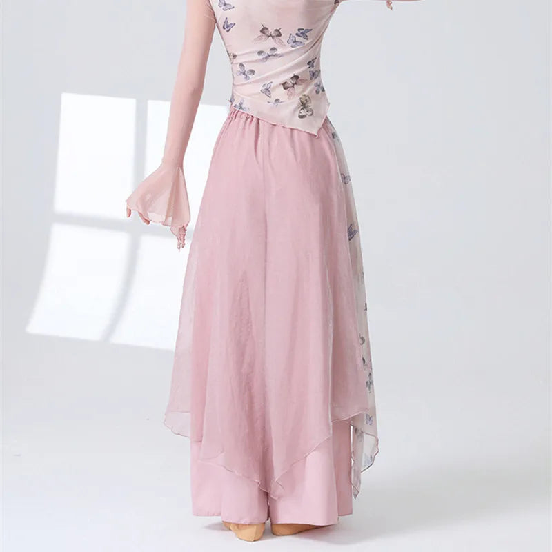 Women 2 Layers Dance Trousers Gauze Print Chiffon Culottes Flowy Skirt Pant Loose Wide Leg Modern Hanfu Elegant Practice Clothes