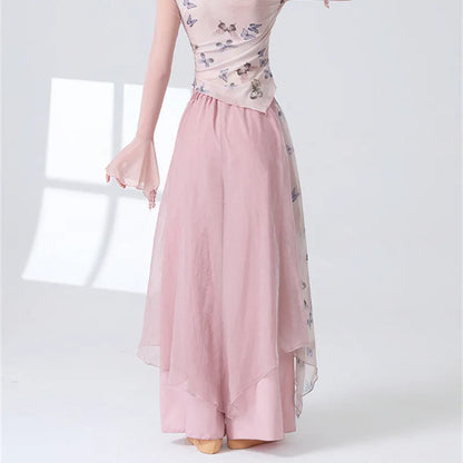 Women 2 Layers Dance Trousers Gauze Print Chiffon Culottes Flowy Skirt Pant Loose Wide Leg Modern Hanfu Elegant Practice Clothes