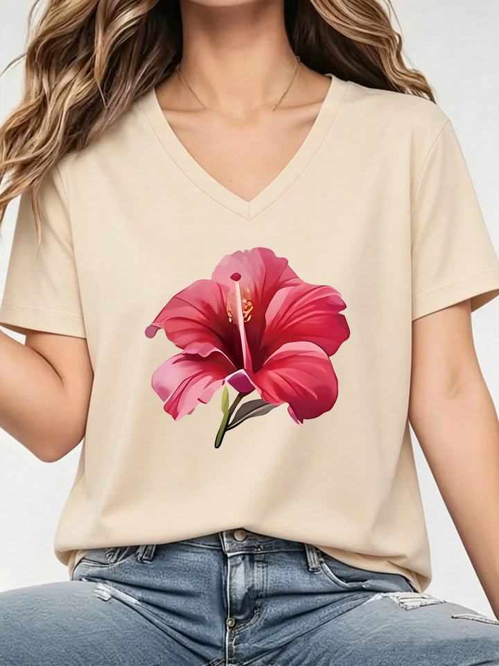 V-neck Trendy Fashion Floral Loose Graphic  T-Shirt Short Sleeve V Neck Casual Top for Summer Spring Women&