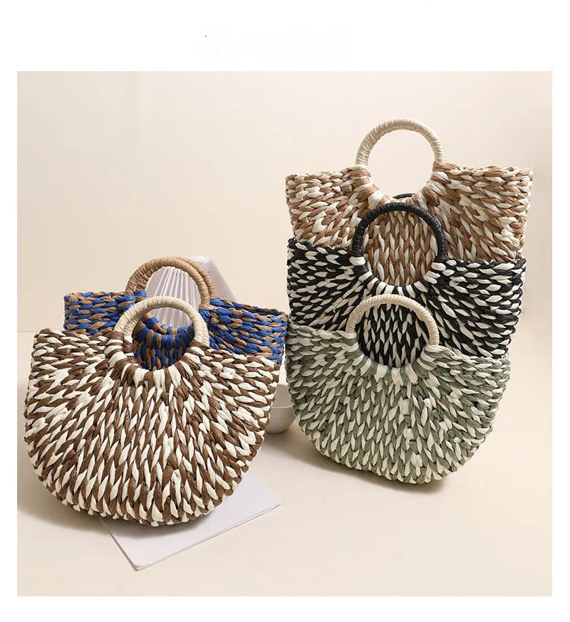 TOPHIGH Women Straw Tote Bag Large Capacity Luxury Designer Woven Bag Color Clash Semicircle Weaving Bag Summer Beach Handbag
