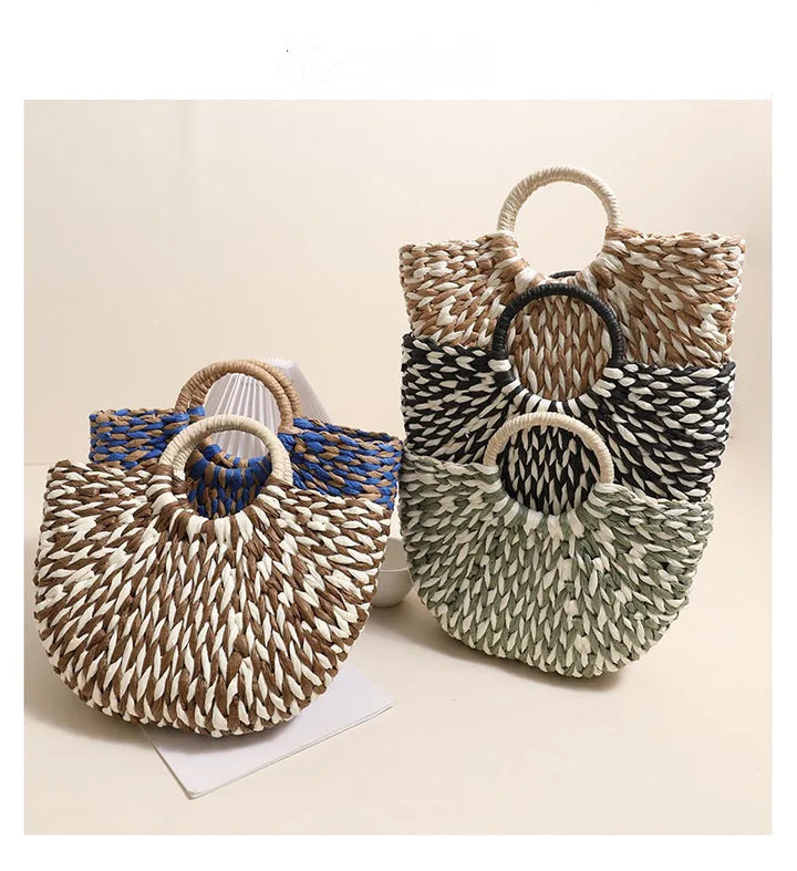 TOPHIGH Women Straw Tote Bag Large Capacity Luxury Designer Woven Bag Color Clash Semicircle Weaving Bag Summer Beach Handbag