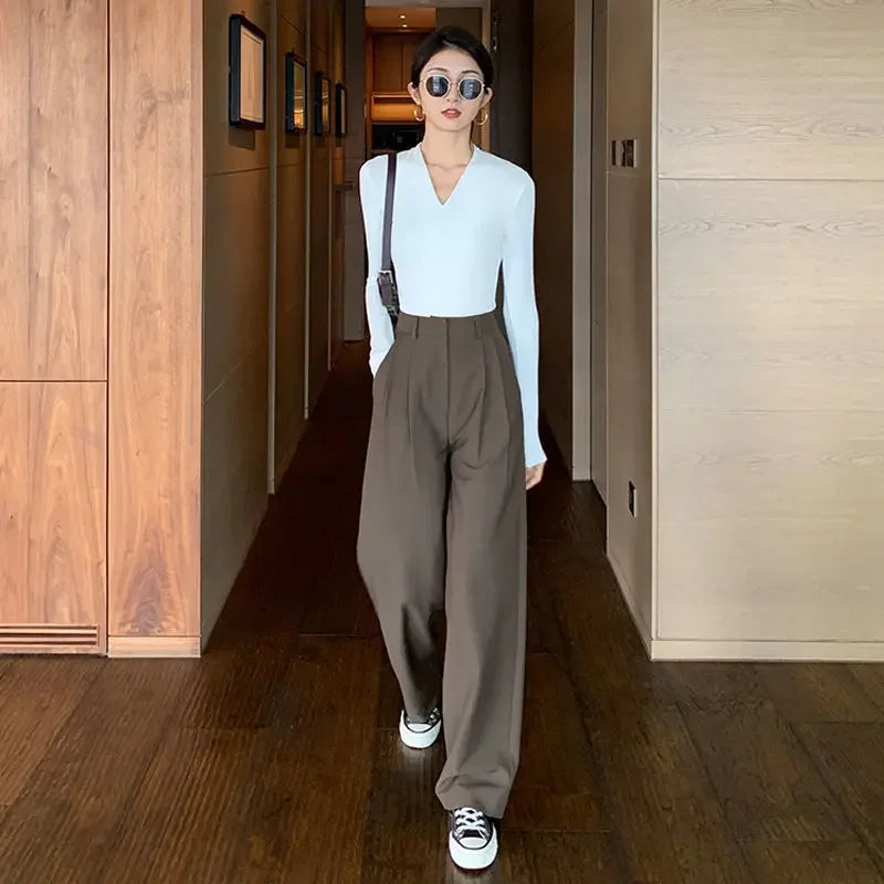 Straight Leg Brown with Pockets Trousers for Woman Black High Waist Tailoring Office Clothing Work Women&