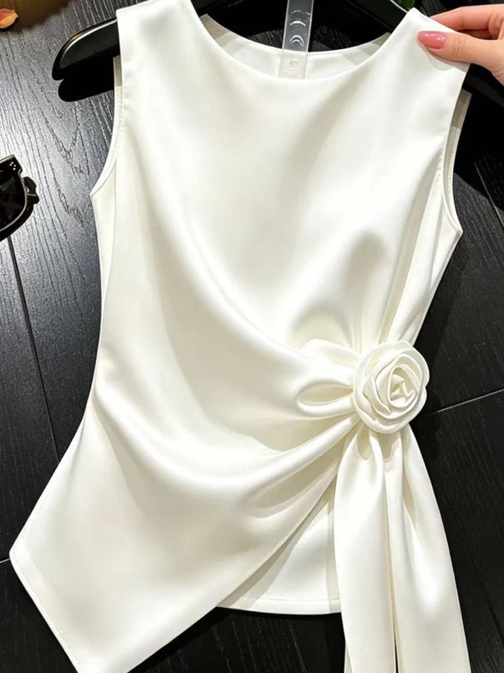 Elegant Chic Satin Tanks Women Slim O Neck 3D Floral Fashion Sexy Tanks Summer Casual Lady Sweet Solid Design Ins Sleeveless Top
