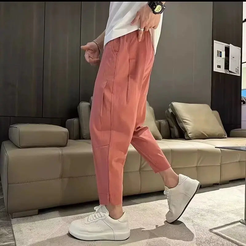 Mens Black Cropped Tapered Pants Elastic Waist Pocket Casual Slim Fit Trousers