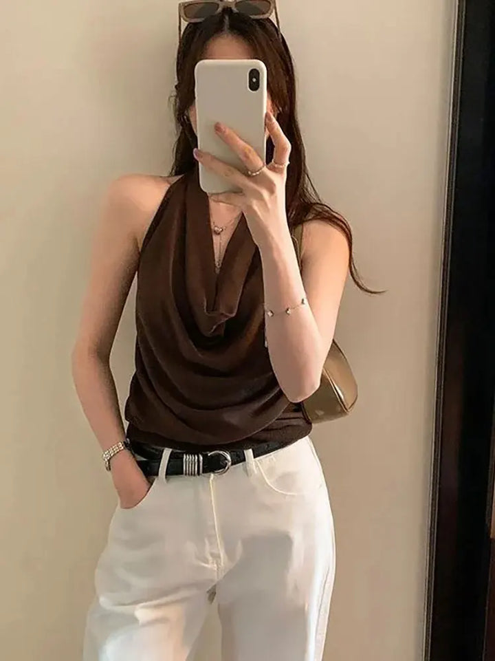 Cowl Neck Elegant Summer Women Top Sleeveless Halter Neck Tank Top Laced Ice Silk Knit Backless Sexy Basic Tees Blouse