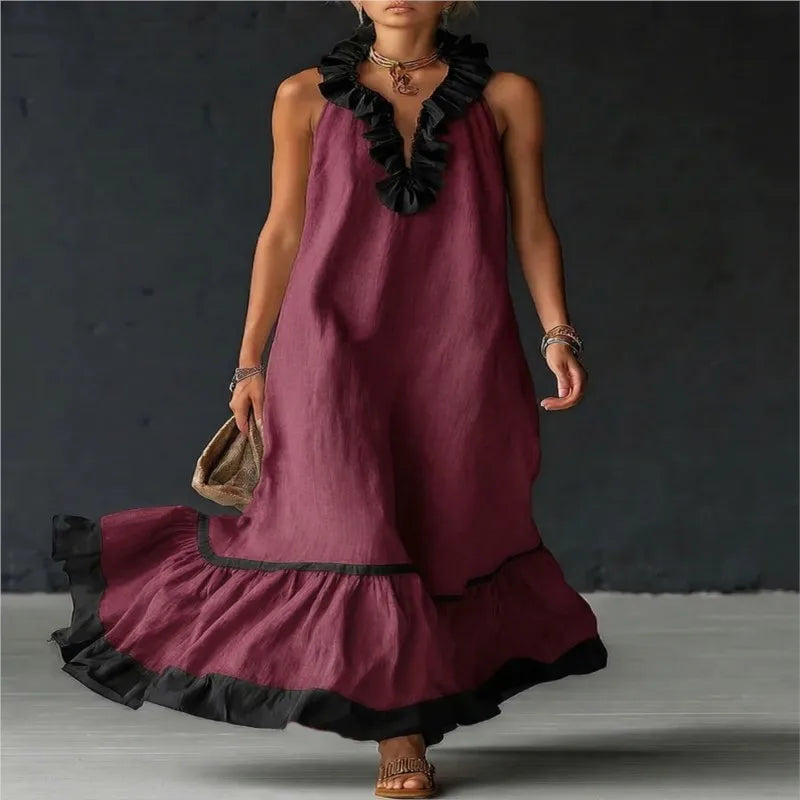 Fashion Patchwork Maxi Dress for Woman V Neck Stringy Selvedge Ruffle Flowy Long Dresses 2026 Summer Beach Vacation Sundress