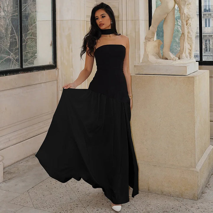 Elegant Strapless Maxi Dress Women Chic Scarf Neck High Split Long Evening Dress Bodycon Prom Party Wedding Guest Vestidos